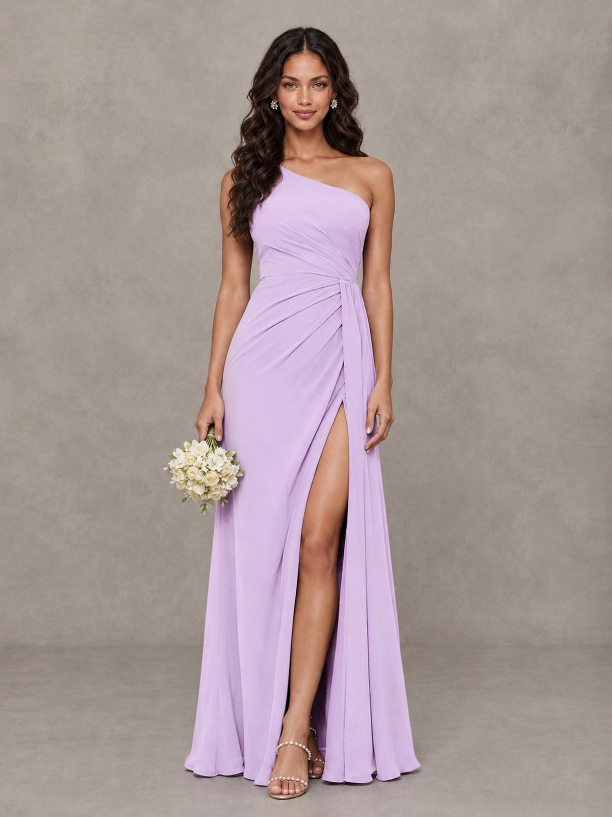 BOLODOO Lilac One-Shoulder Chiffon Bridesmaid Dress with Ruched Bodice & High Slit - Lilac - Lilac (1)