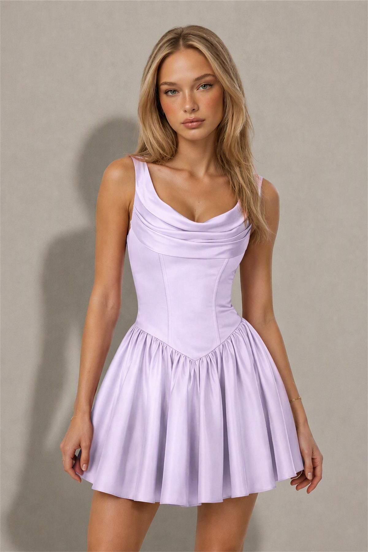 BOLODOO Lilac Satin Cowl Neck Wide Strap Corset Lace-Up Back Fit and Flare Mini Dress | Prom Cocktail Date Night Dress - Lilac