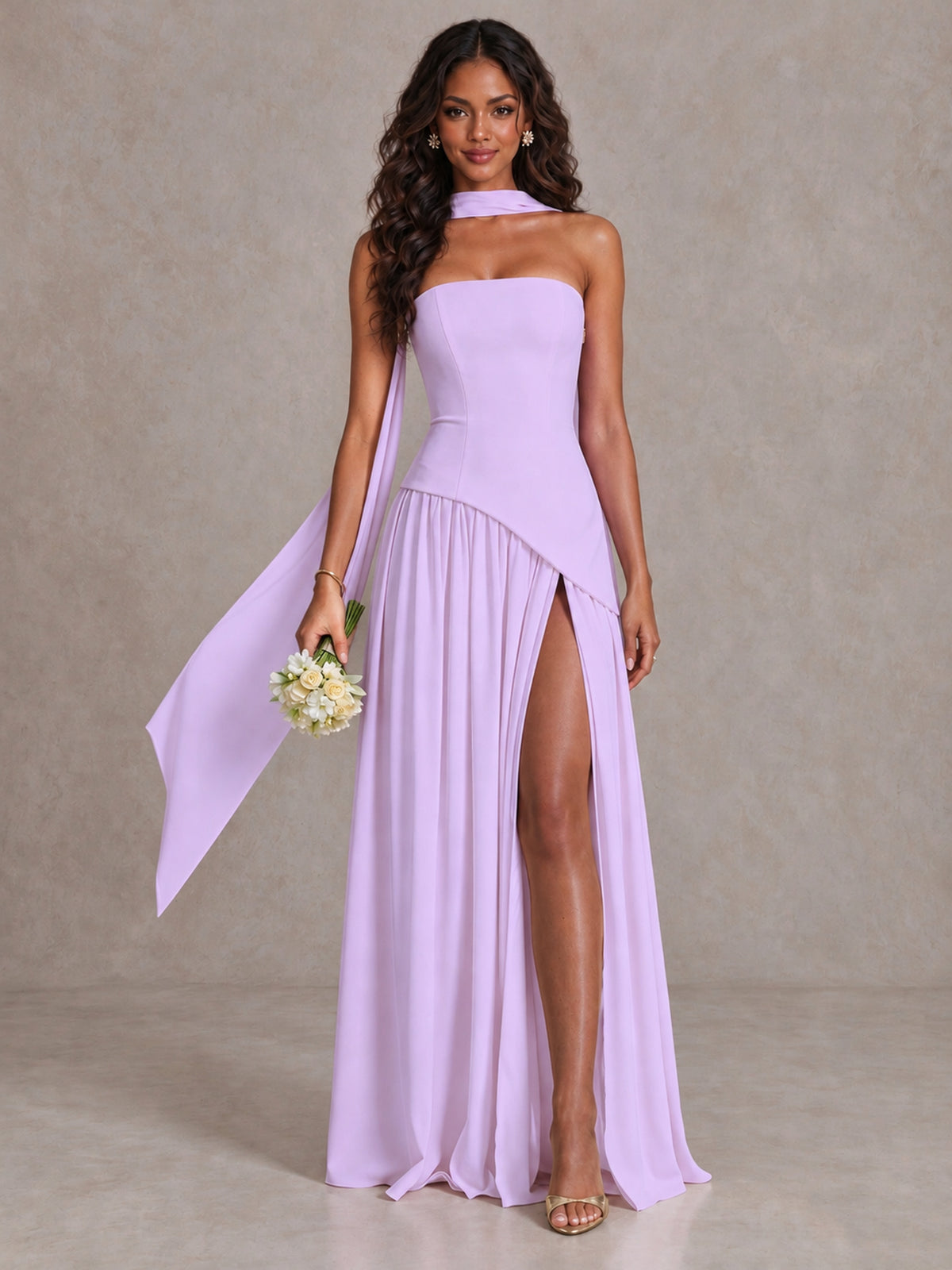 Lilac Strapless Bridesmaid Dress with Scarf & High Slit - Lilac - Lilac (1)