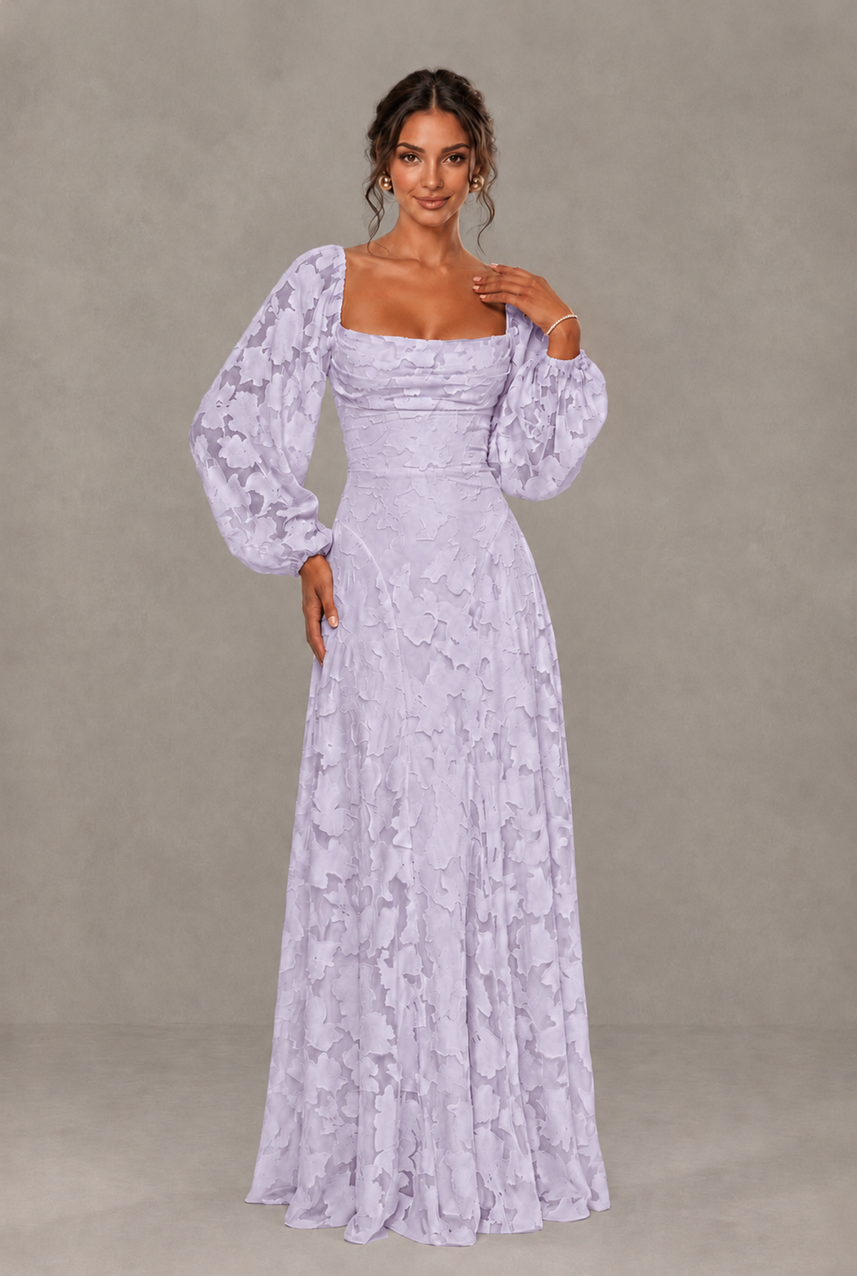 BOLODOO Floral Lilac Long Sleeve A-Line Dress with Lace-Up Back - Lilac