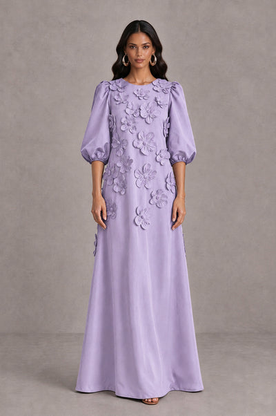 BOLODOO Lilac Floral Applique Puff Sleeve A-Line Evening Dress - Lilac - Lilac (1)