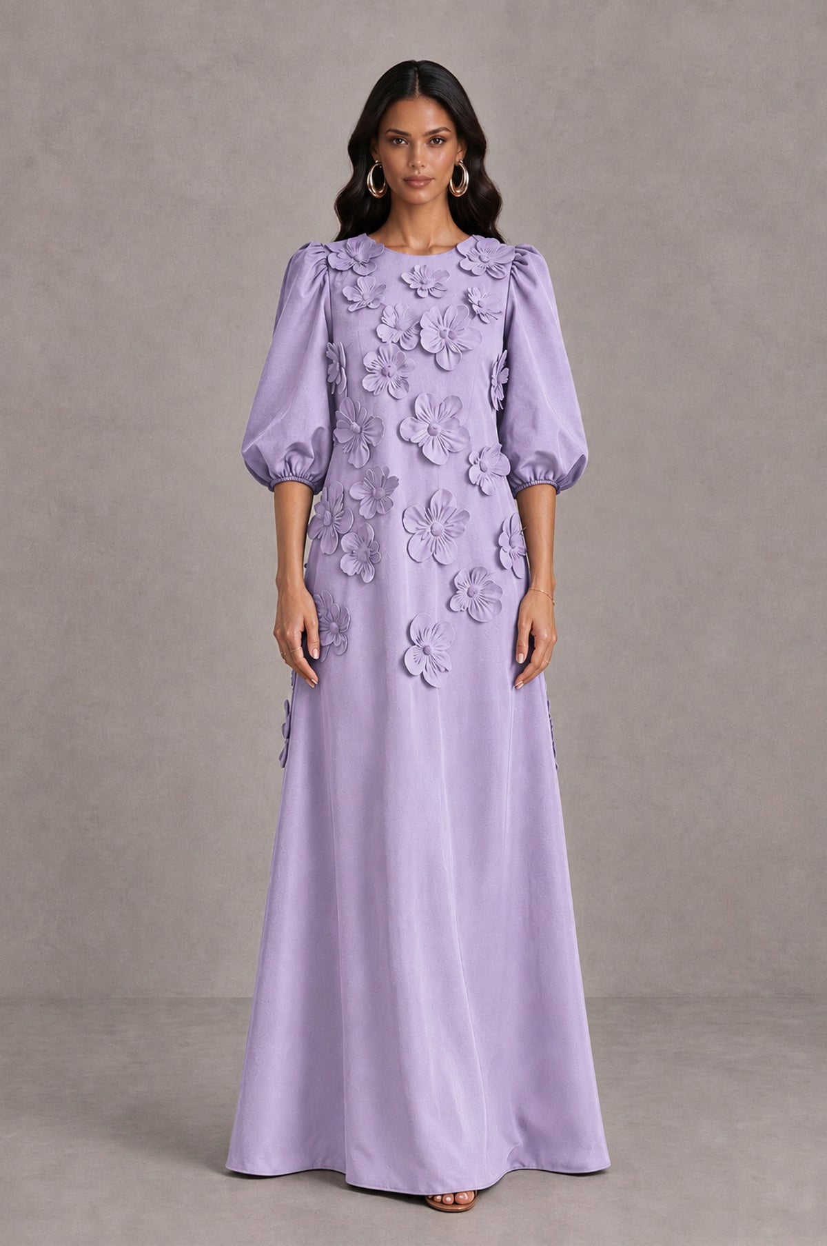 BOLODOO Lilac Floral Applique Puff Sleeve A-Line Evening Dress - Lilac - Lilac (1)