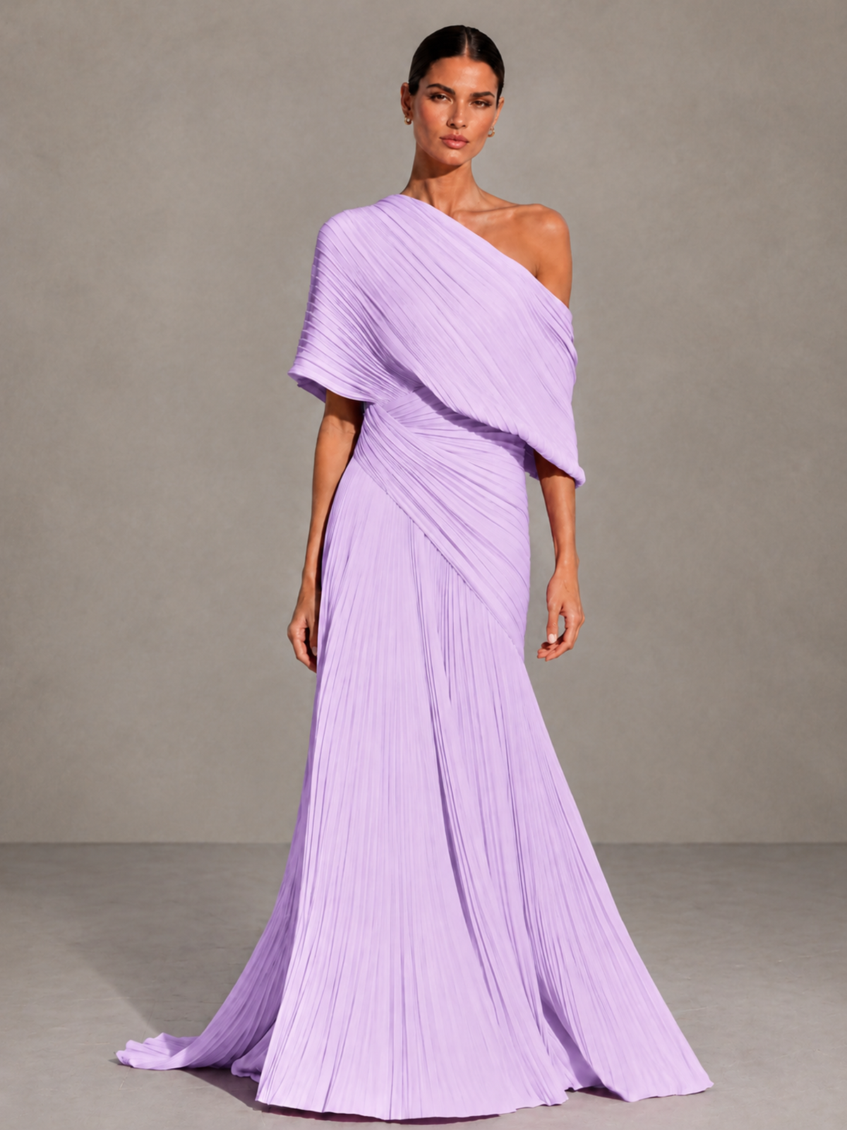 BOLODOO Lilac One-Shoulder Pleated Cape Evening Gown with Train - Lilac - Lilac (1)
