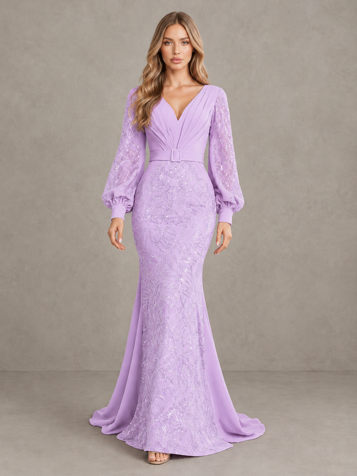 BOLODOO Lilac Sequin Long Bishop Sleeve Mermaid Evening Dress - Lilac - Lilac (1)