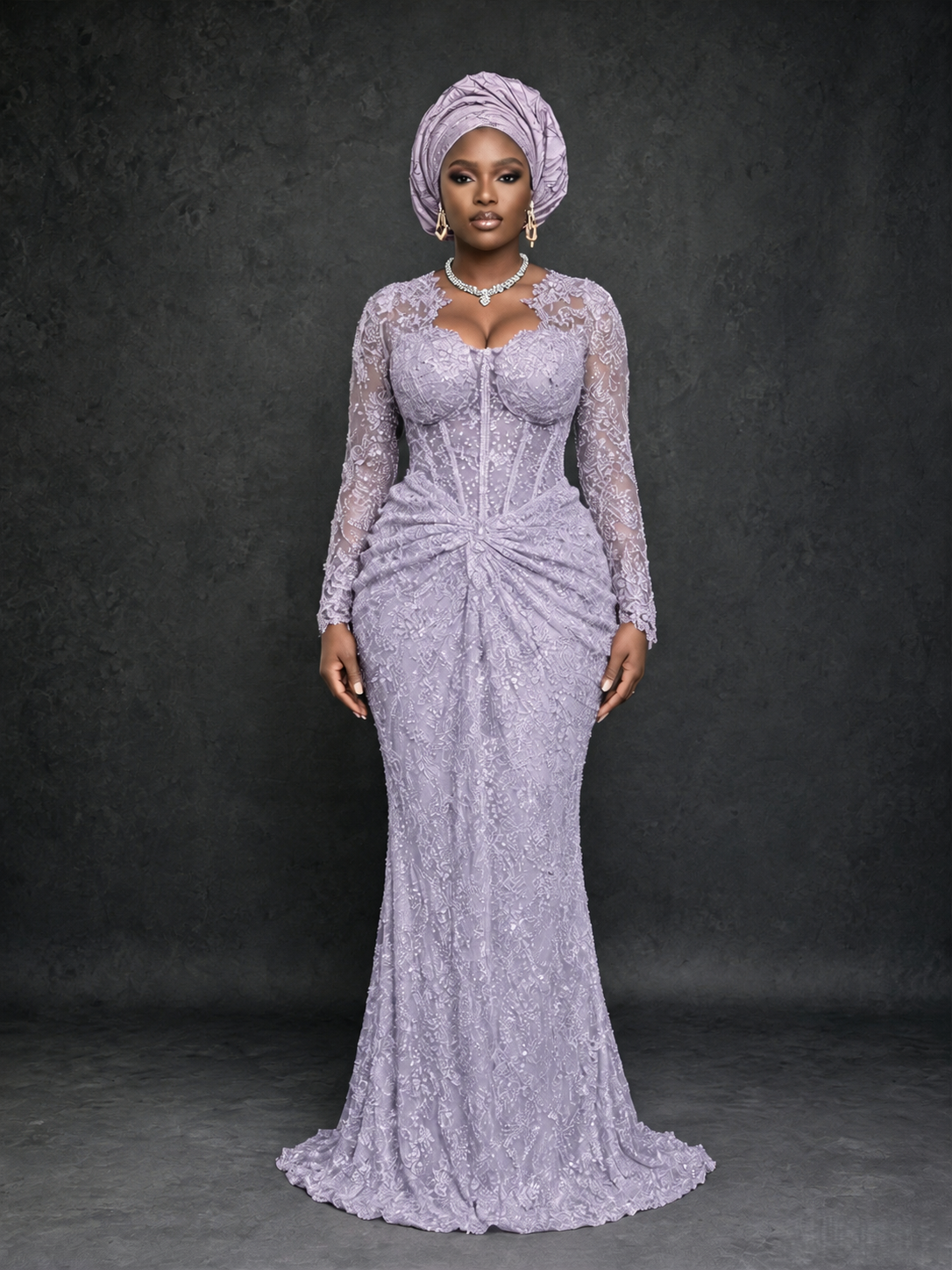 BOLODOO Lilac Beaded Lace Long Sleeve Mermaid Gown Sweetheart | Mother of the Bride - Lilac