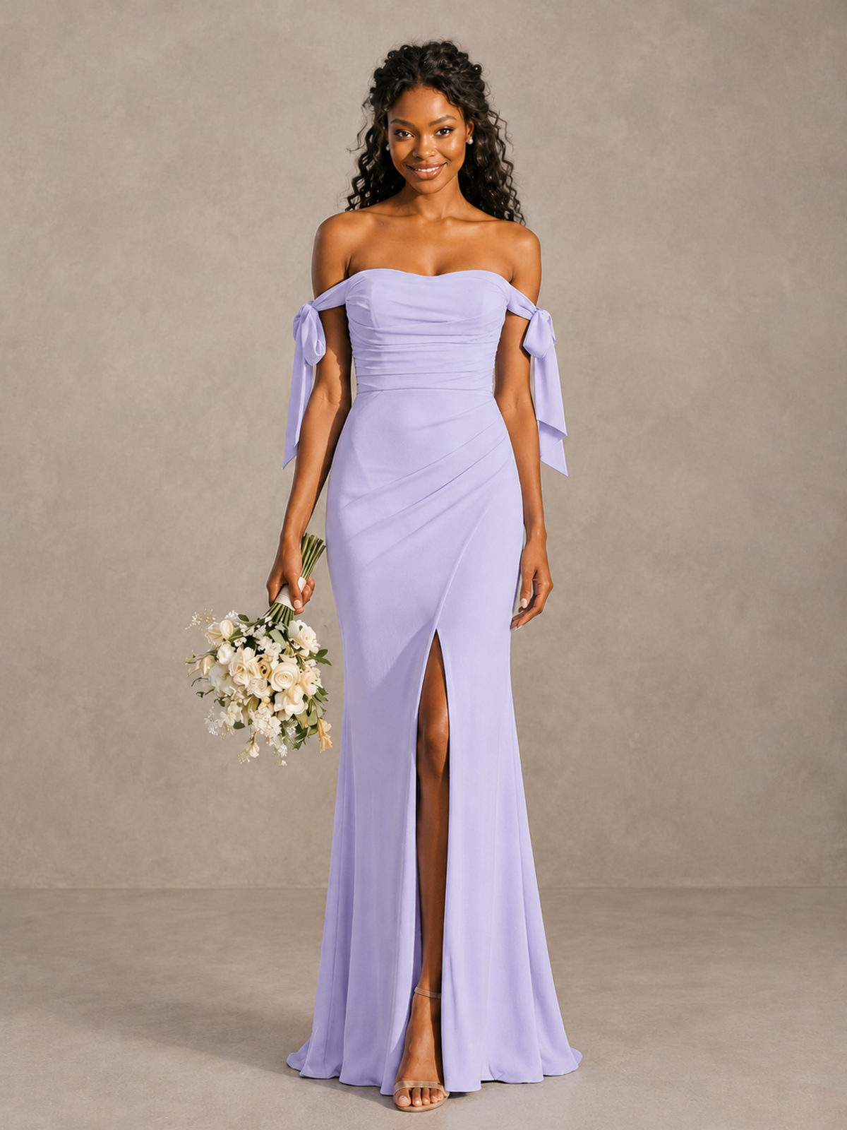Lilac Off-Shoulder Bow Bridesmaid Dress with Slit - Lilac - Lilac (1)