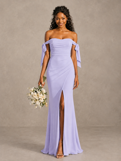 Lilac Off-Shoulder Bow Bridesmaid Dress with Slit - Lilac - Lilac (1)