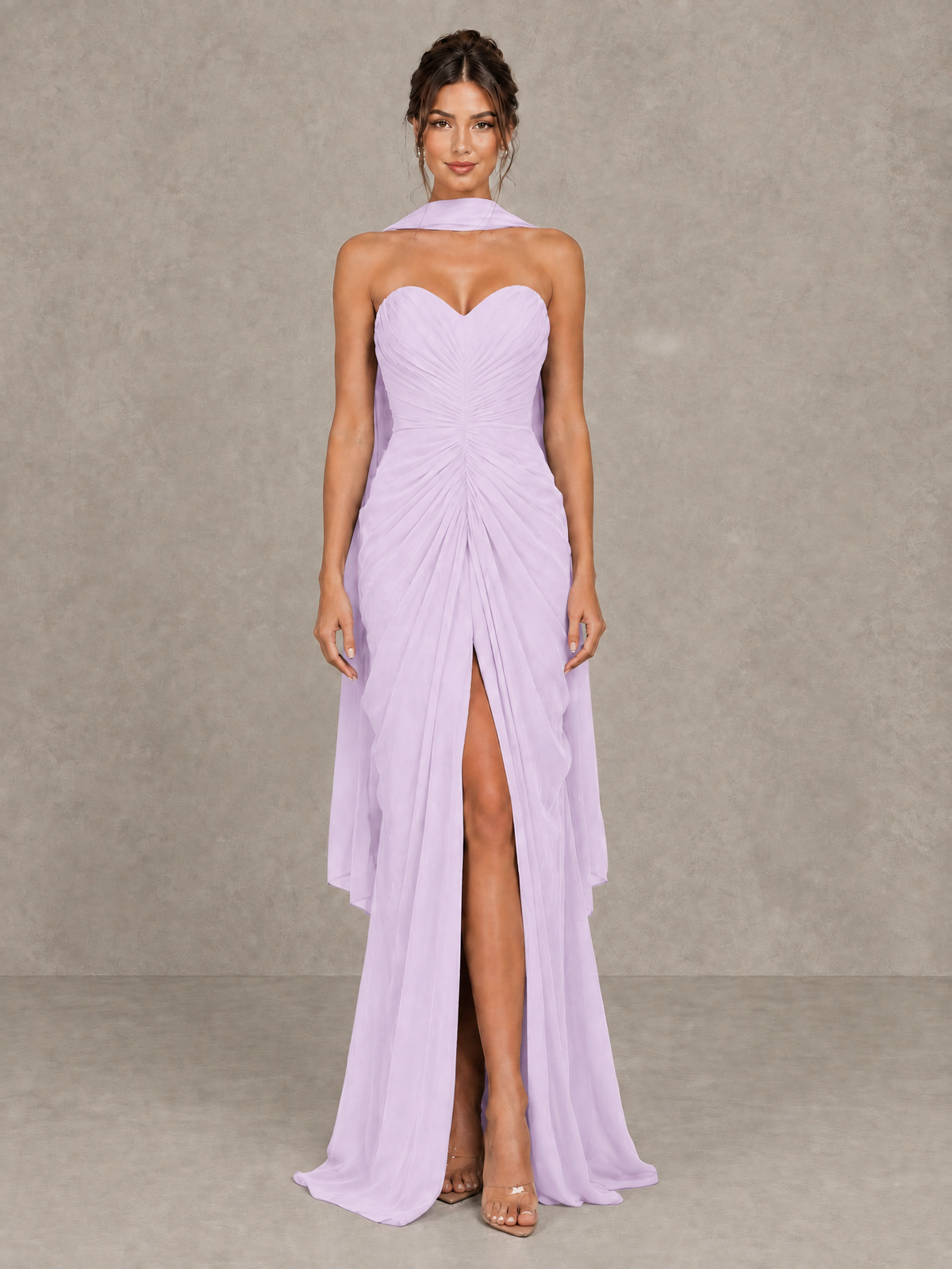 BOLODOO Lilac Strapless Ruched Maxi Dress with Scarf and Slit - Lilac