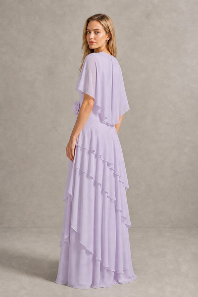 BOLODOO Lilac Chiffon Flutter Sleeve Tiered Maxi Dress with 3D Rosette - Lilac