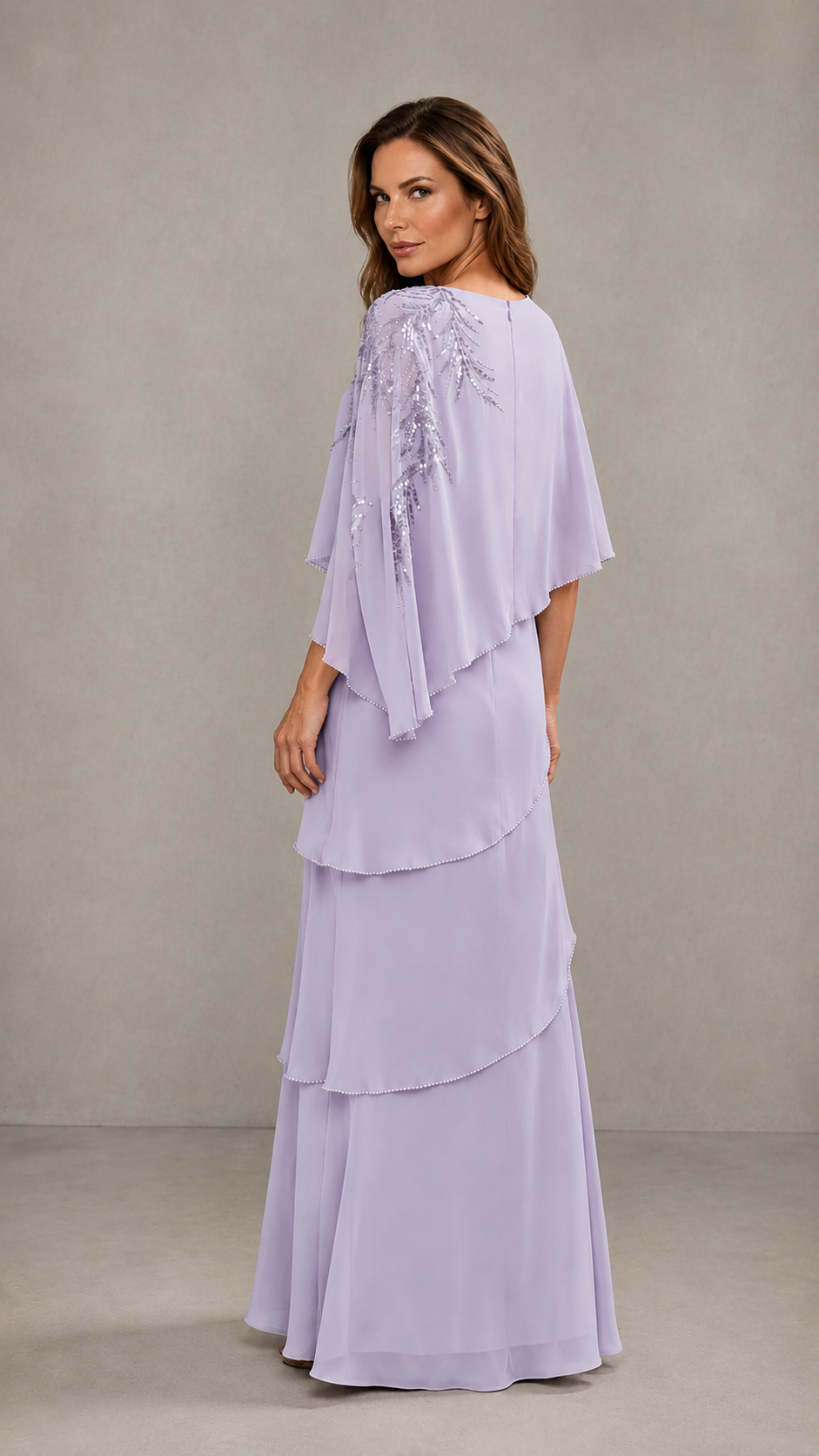 BOLODOO Lilac Mocha Asymmetric Cape Sleeve Lilac Sequin Embroidered Pearl Trim Tiered Chiffon Gown - Lilac