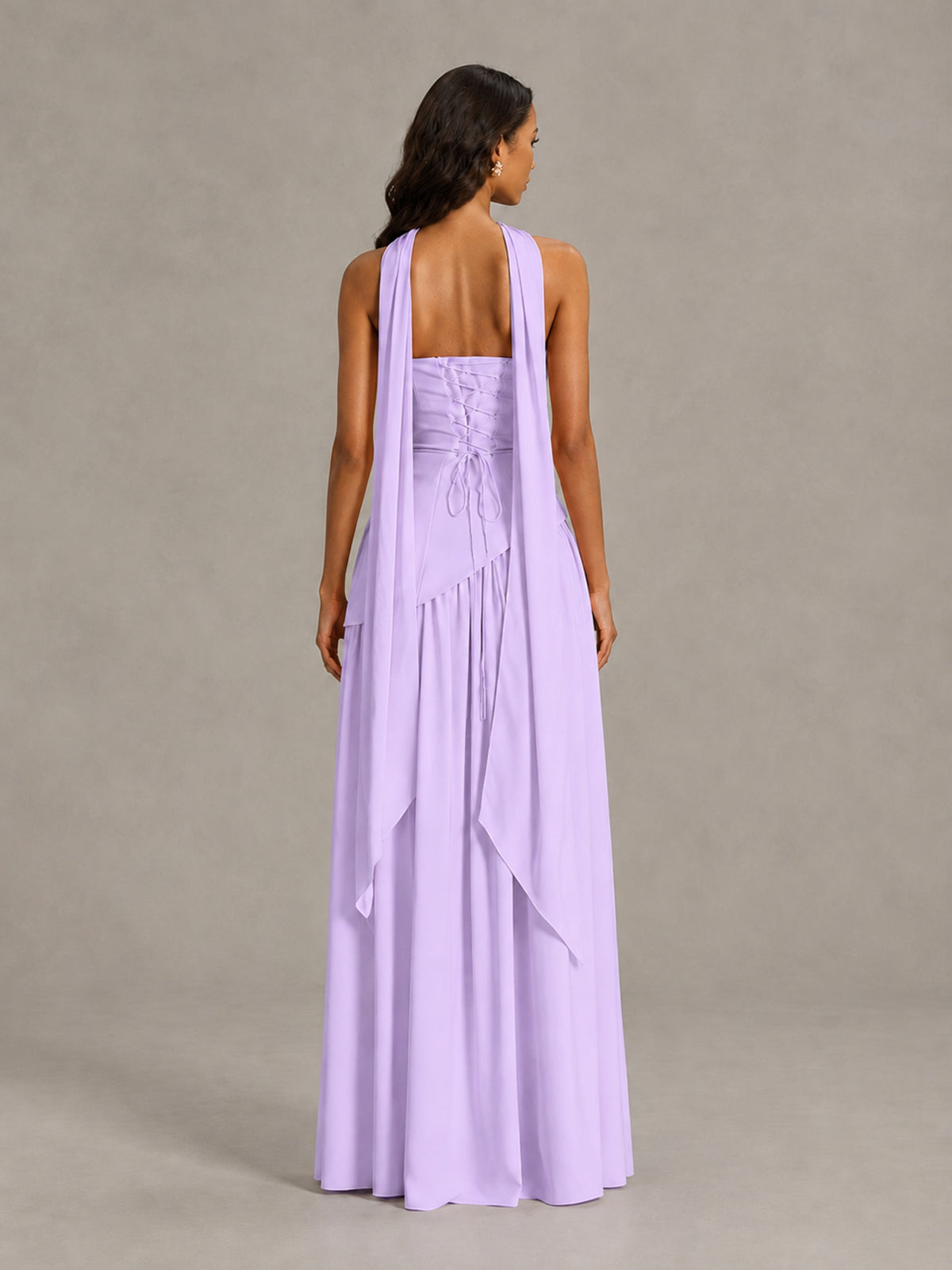 Lilac Strapless Bridesmaid Dress with Scarf & High Slit - Lilac - Lilac (2)