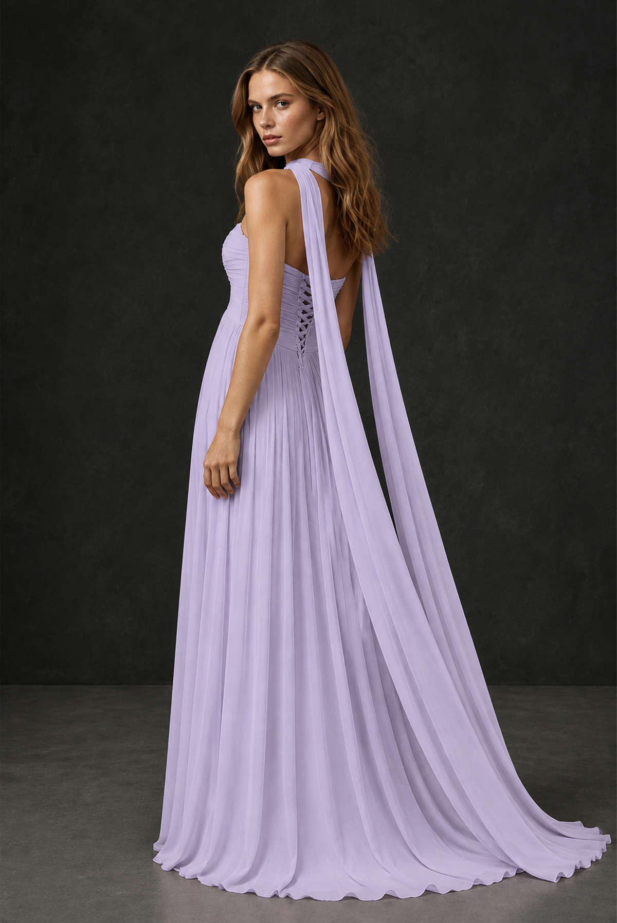 BOLODOO Lilac Sweetheart Strapless Twist Knot Detached Halter Scarf Lace-Up Back Empire Waist Chiffon Maxi Dress - Lilac