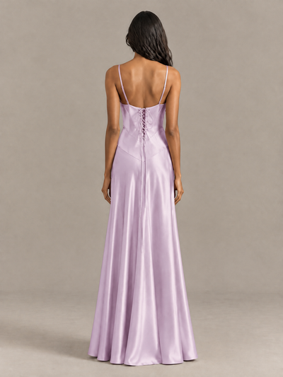 BOLODOO Lilac Satin Lace-Up Back Maxi Dress - Lilac