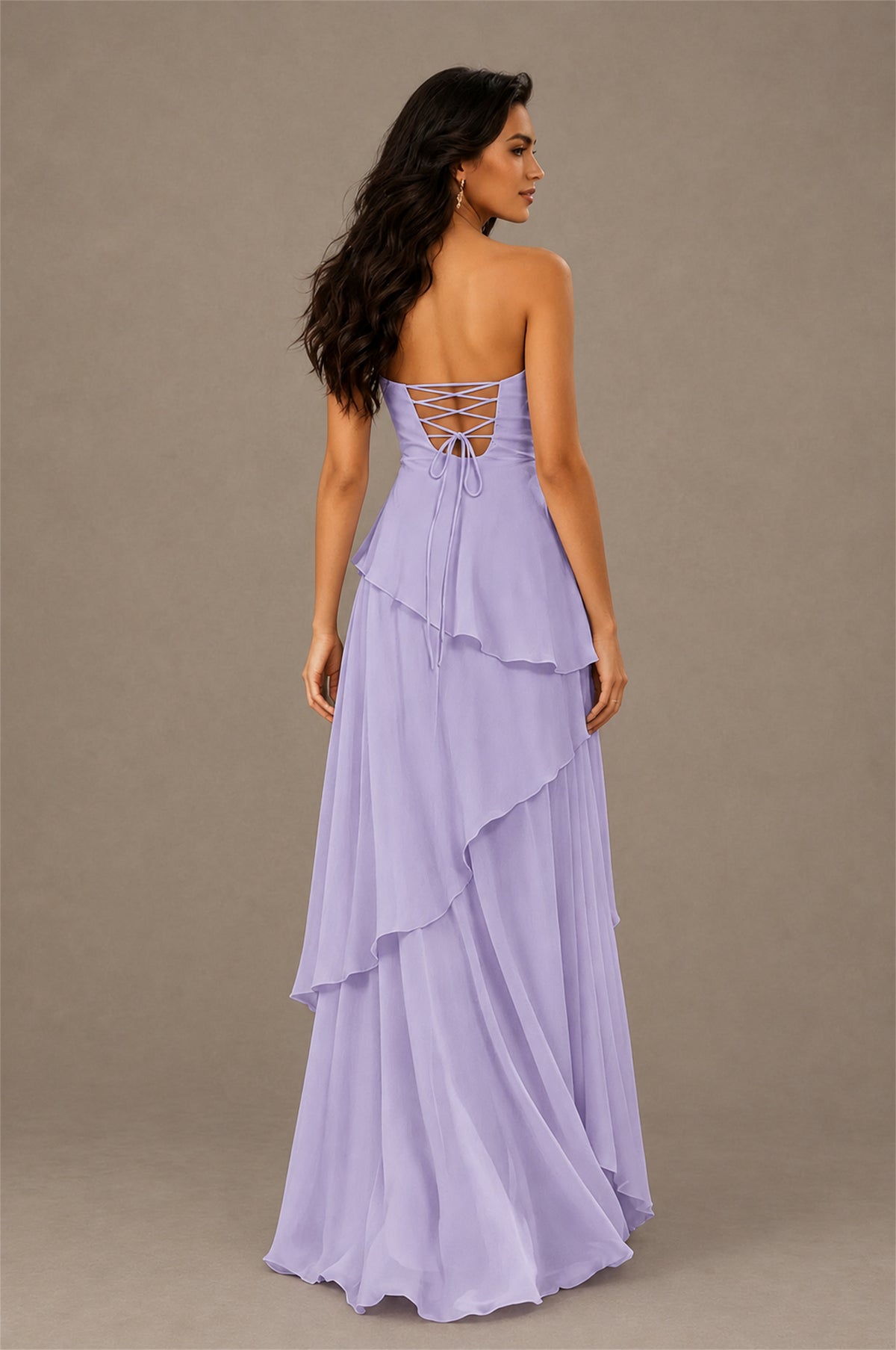 BOLODOO Lilac Strapless Sweetheart Knotted Chiffon Tiered Maxi Dress with Lace-Up Back - Lilac