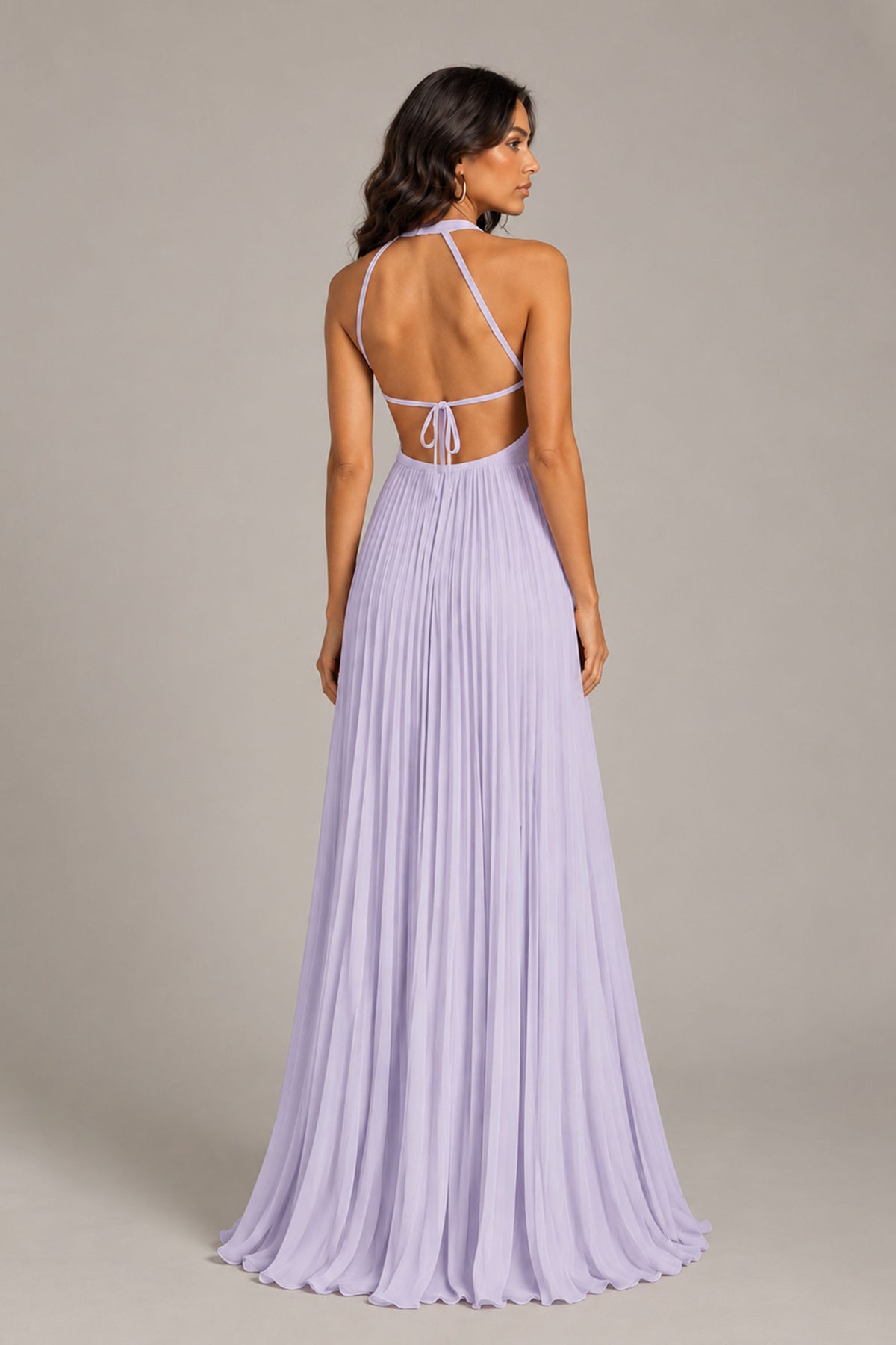 BOLODOO Lilac Halter Neck Pleated Chiffon Maxi Dress with Side Slit - Lilac
