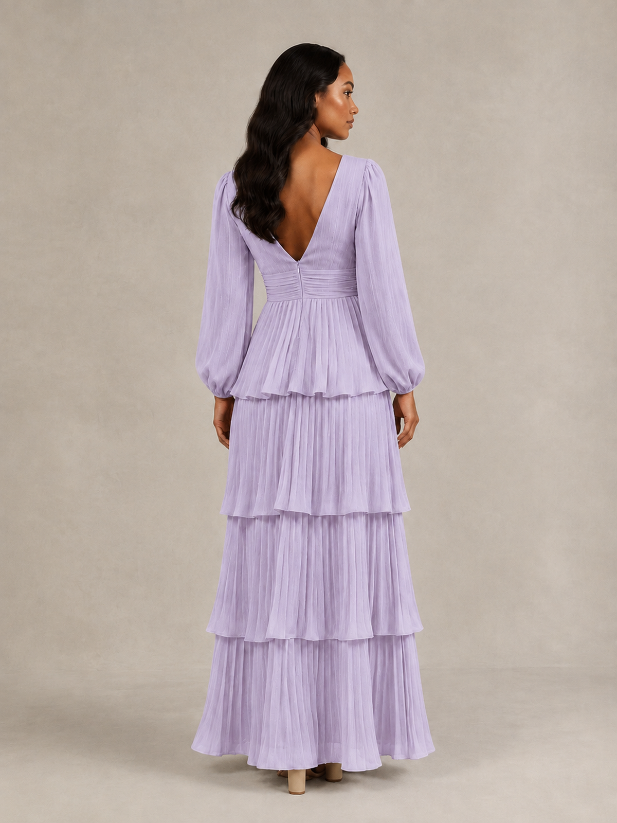 BOLODOO Lilac Long-Sleeve Tiered Maxi Dress with Deep V-Neck - Lilac