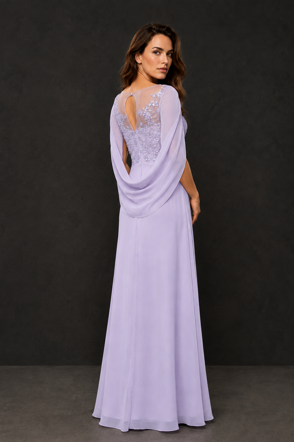 BOLODOO Lilac Illusion Lace One-Side Cape Sleeve Beaded Chiffon Floor Length Gown | Mother of the Bride Evening Dress - Lilac