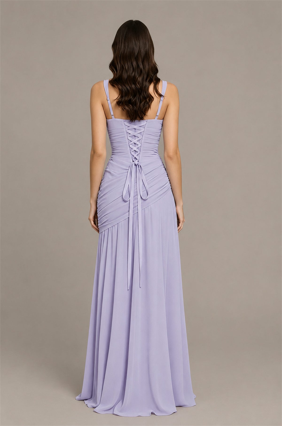 BOLODOO Lilac Spaghetti Strap Ruched Maxi Dress – Formal Evening Gown with Slit - Lilac