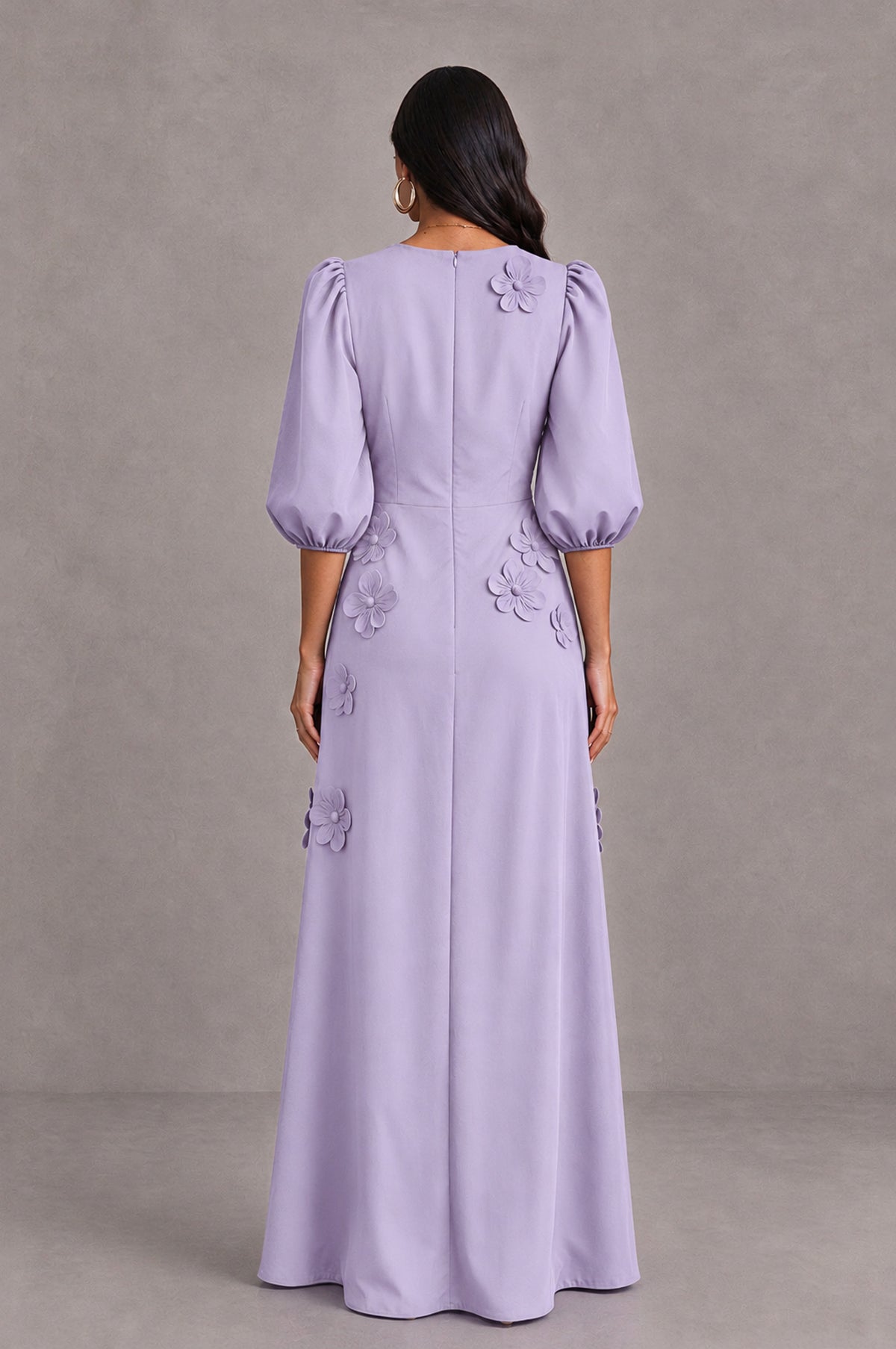 BOLODOO Lilac Floral Applique Puff Sleeve A-Line Evening Dress - Lilac - Lilac (2)