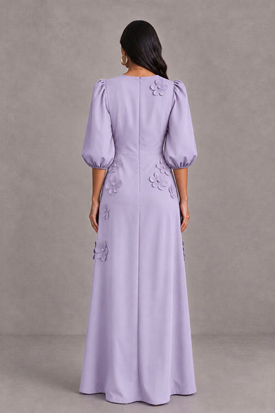 BOLODOO Lilac Floral Applique Puff Sleeve A-Line Evening Dress - Lilac - Lilac (2)