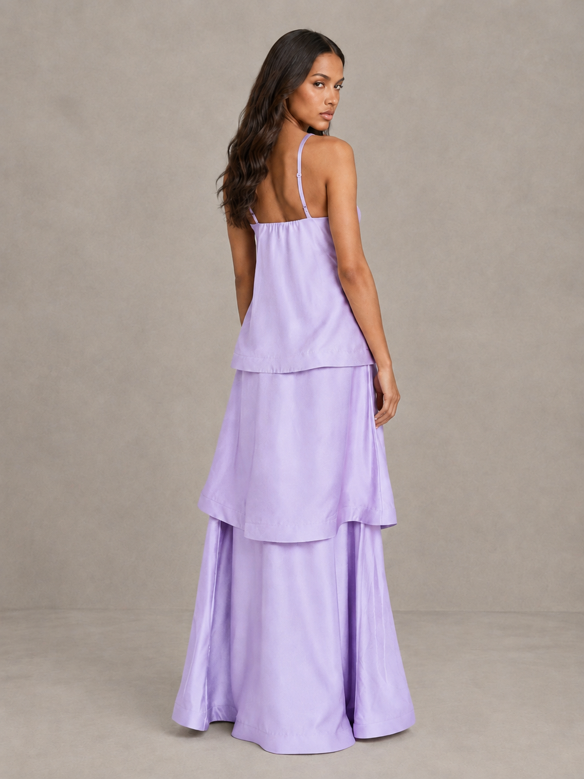 BOLODOO Lilac Satin Tiered Maxi Dress with Spaghetti Straps - Lilac