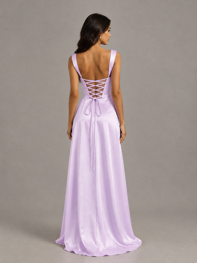 BOLODOO Lilac Satin Lace-Up Bridesmaid Dress with Slit - Lilac - Lilac (2)