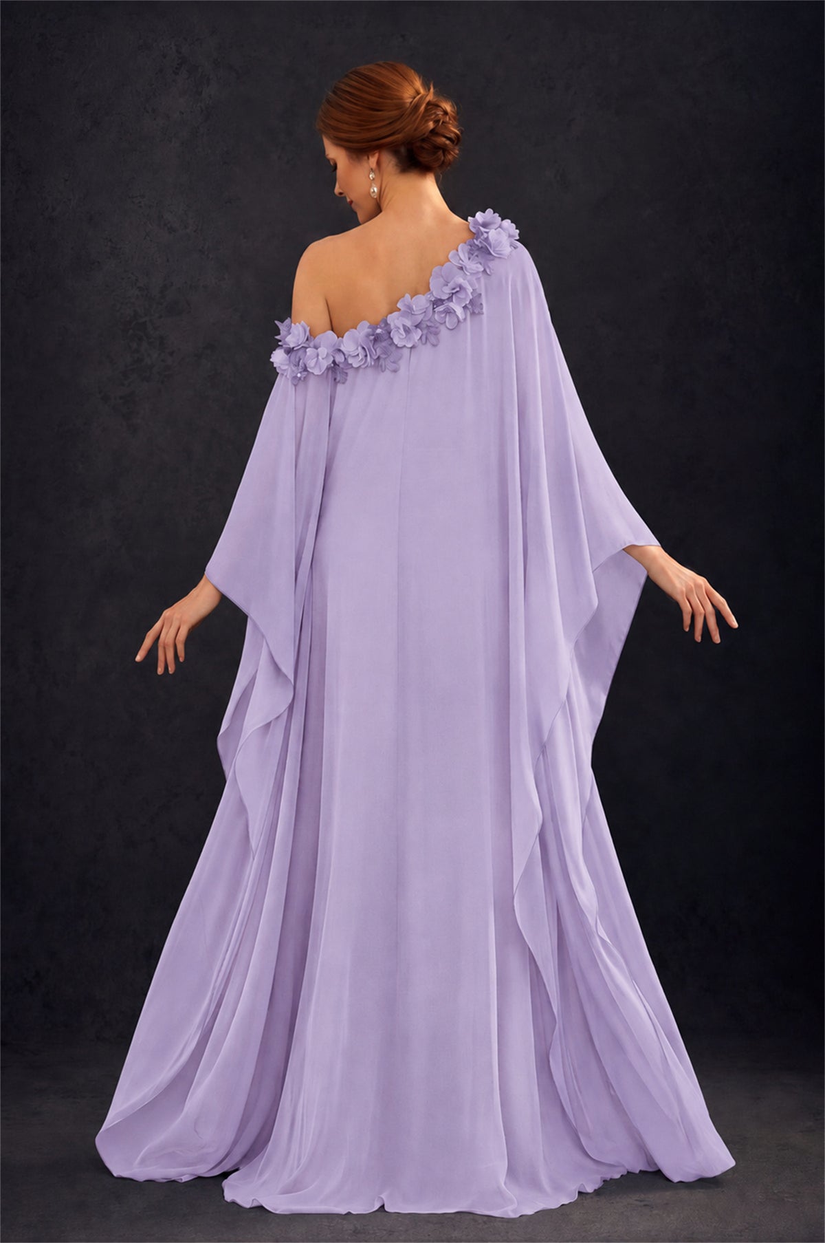 BOLODOO Lilac 2-Piece Set: Off-Shoulder 3D Floral Cape Gown & One-Shoulder Wide-Leg Jumpsuit | BD0373 - Lilac