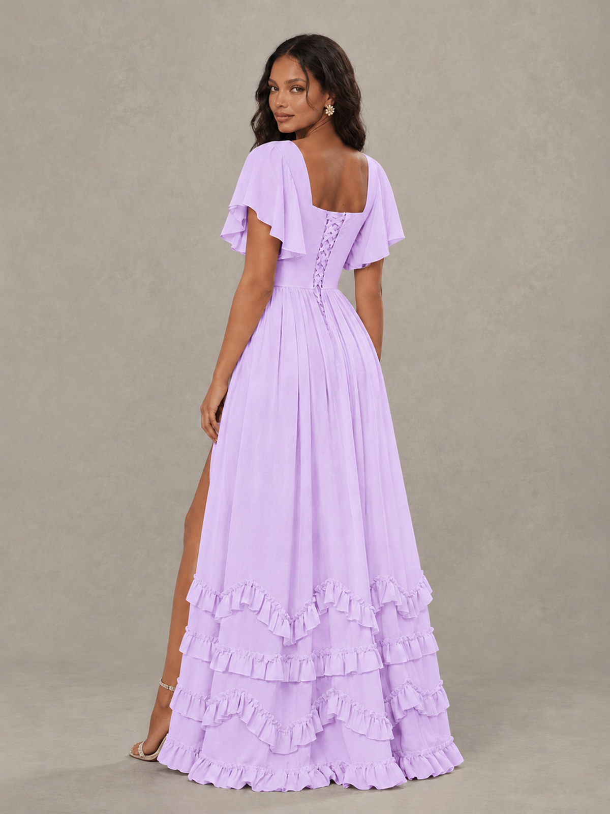 BOLODOO Lilac V-Neck Flutter Sleeve Ruffle Bridesmaid Dress with Slit - Lilac - Lilac (2)