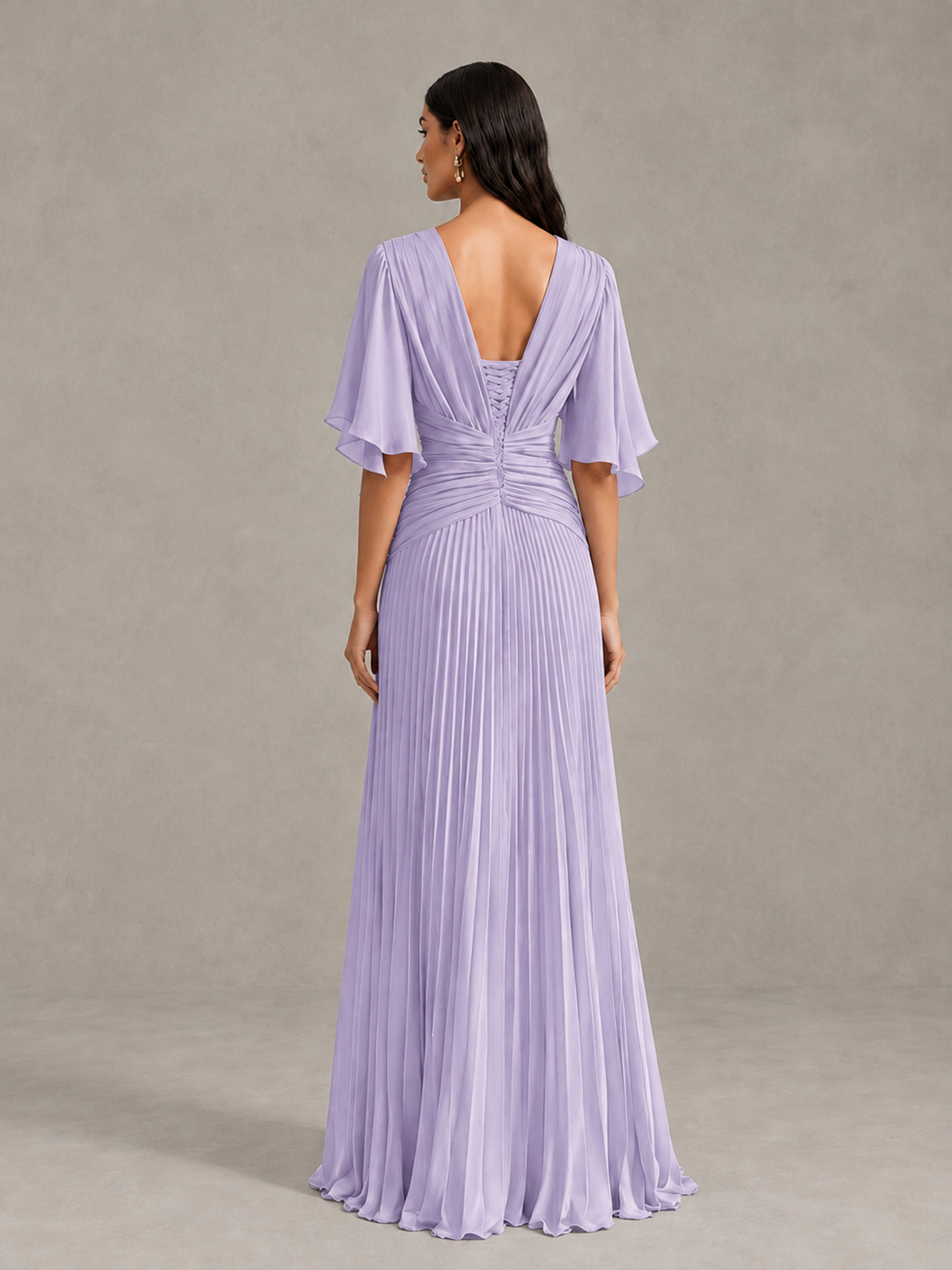 BOLODOO Lilac Pleated V-Neck Flutter Sleeve Bridesmaid Dress - Lilac - Lilac (2)