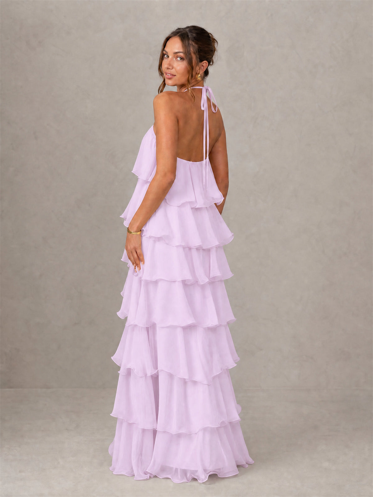 BOLODOO Lilac Halter Tiered Ruffle Chiffon Maxi Dress - Lilac