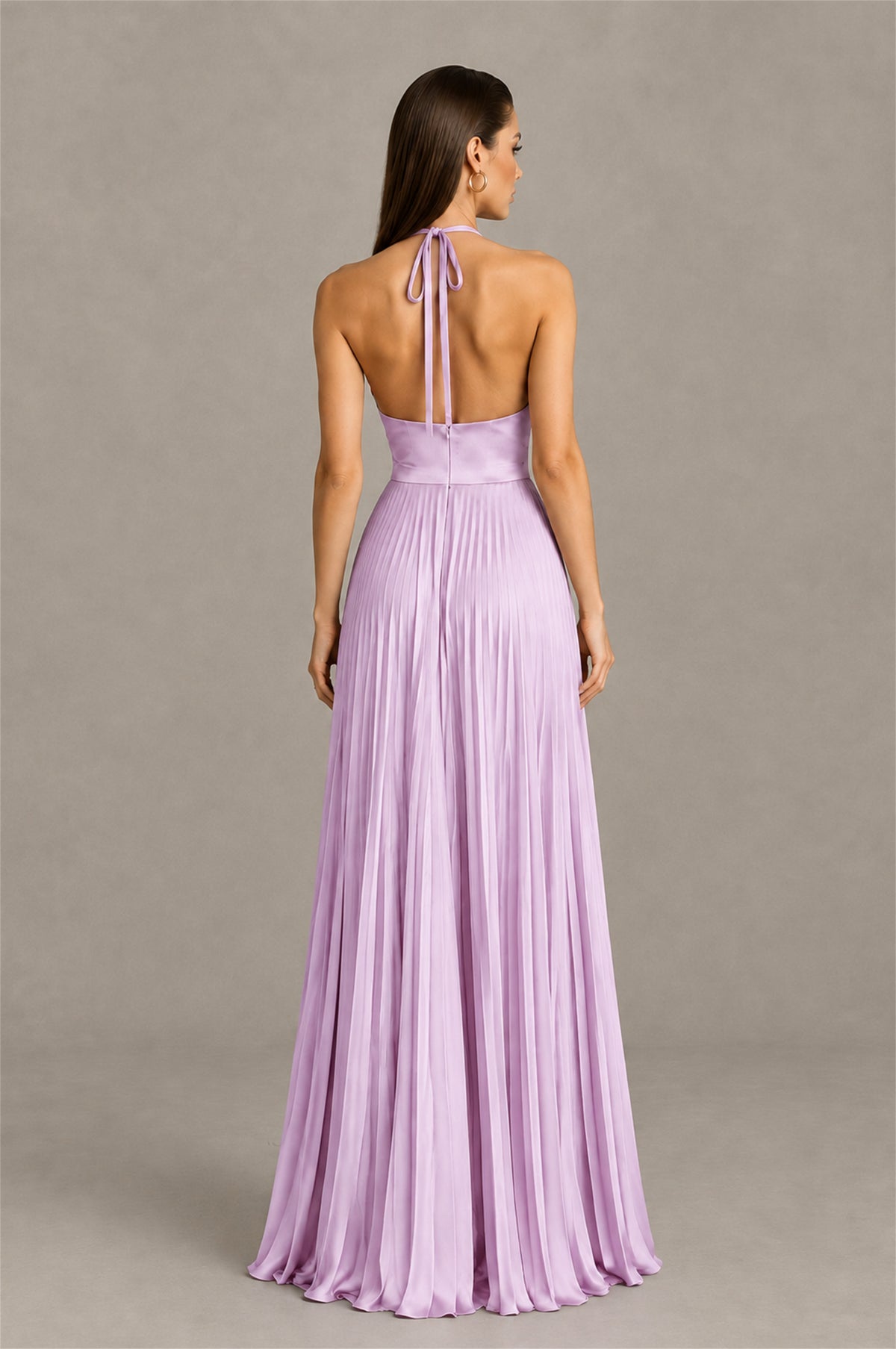 BOLODOO Lilac Halter Pleated A-Line Evening Dress - Lilac
