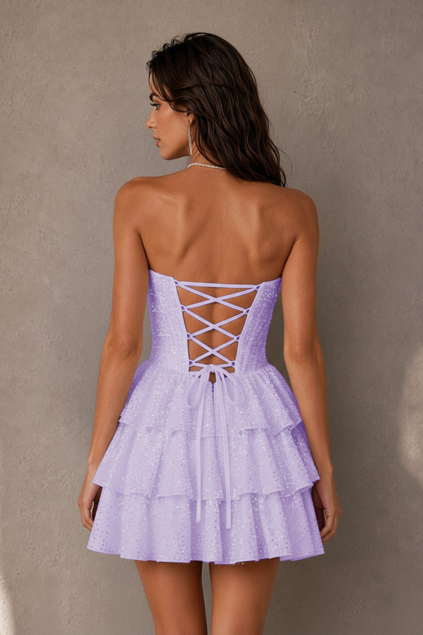 BOLODOO Navy Rhinestone Strapless Corset Tiered Ruffle Lace-Up Back Homecoming Mini Dress - Lilac - Lilac