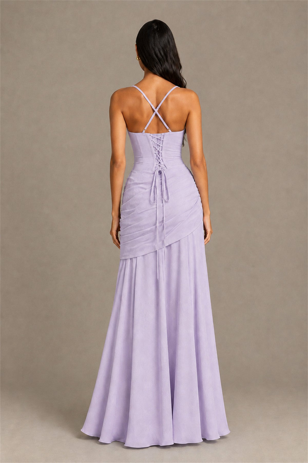 BOLODOO Square Neck Ruched A-Line Maxi Dress - Lilac Backless Evening Gown - Lilac
