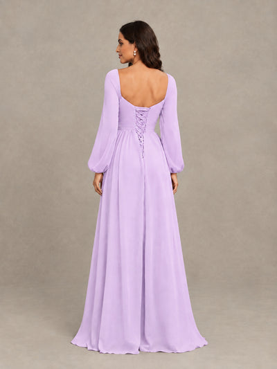 BOLODOO Lilac Long Sleeve Chiffon Bridesmaid Dress with Slit - Lilac - Lilac (2)