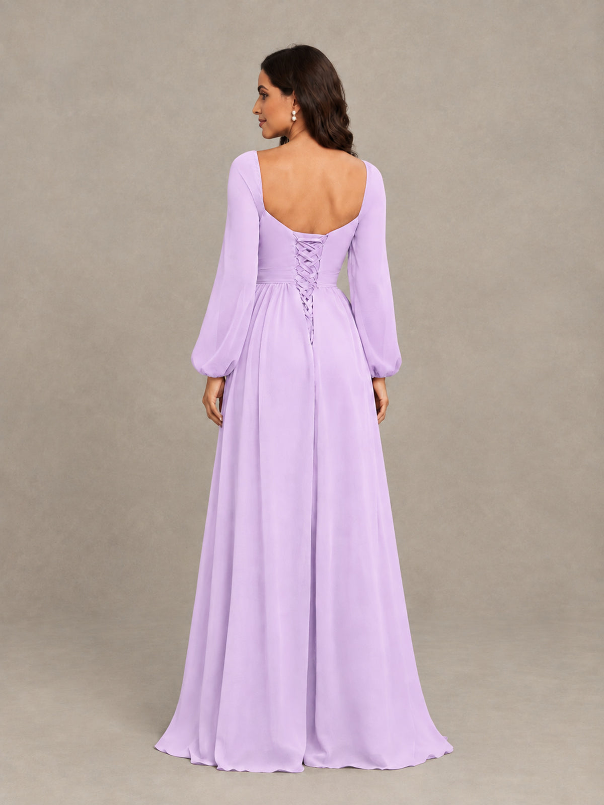 BOLODOO Lilac Long Sleeve Chiffon Bridesmaid Dress with Slit - Lilac - Lilac (2)