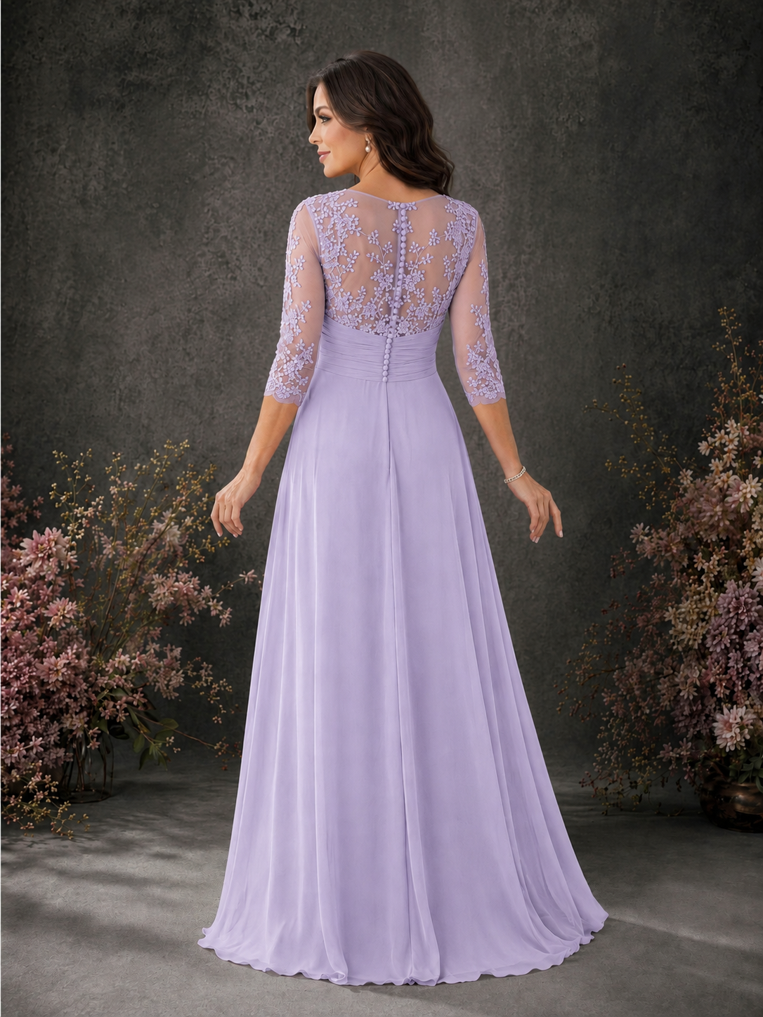 BOLODOO Lilac Chiffon Lace Illusion Neckline 3/4 Sleeve Floor Length Formal Gown - Lilac