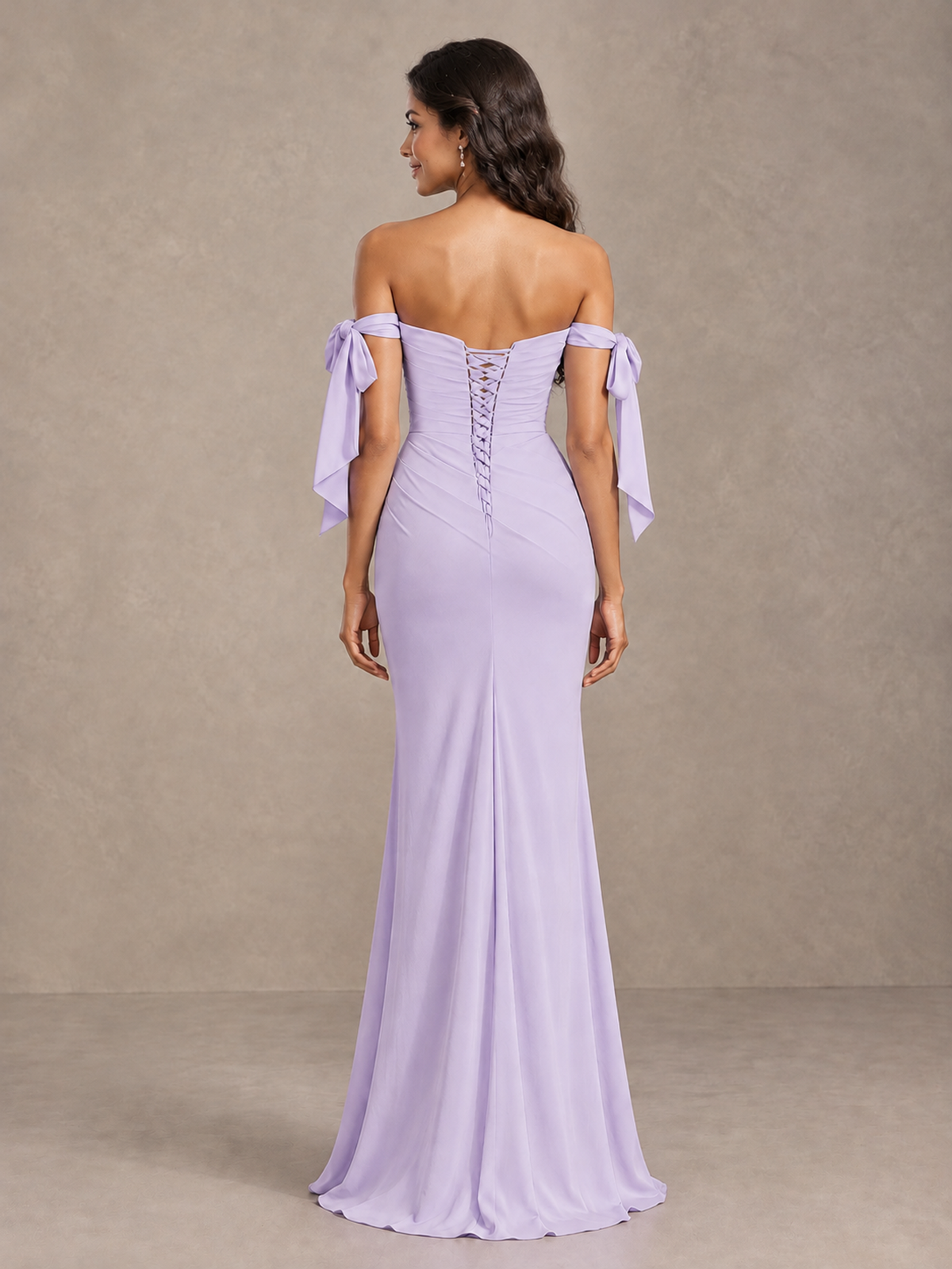 Lilac Off-Shoulder Bow Bridesmaid Dress with Slit - Lilac - Lilac (2)