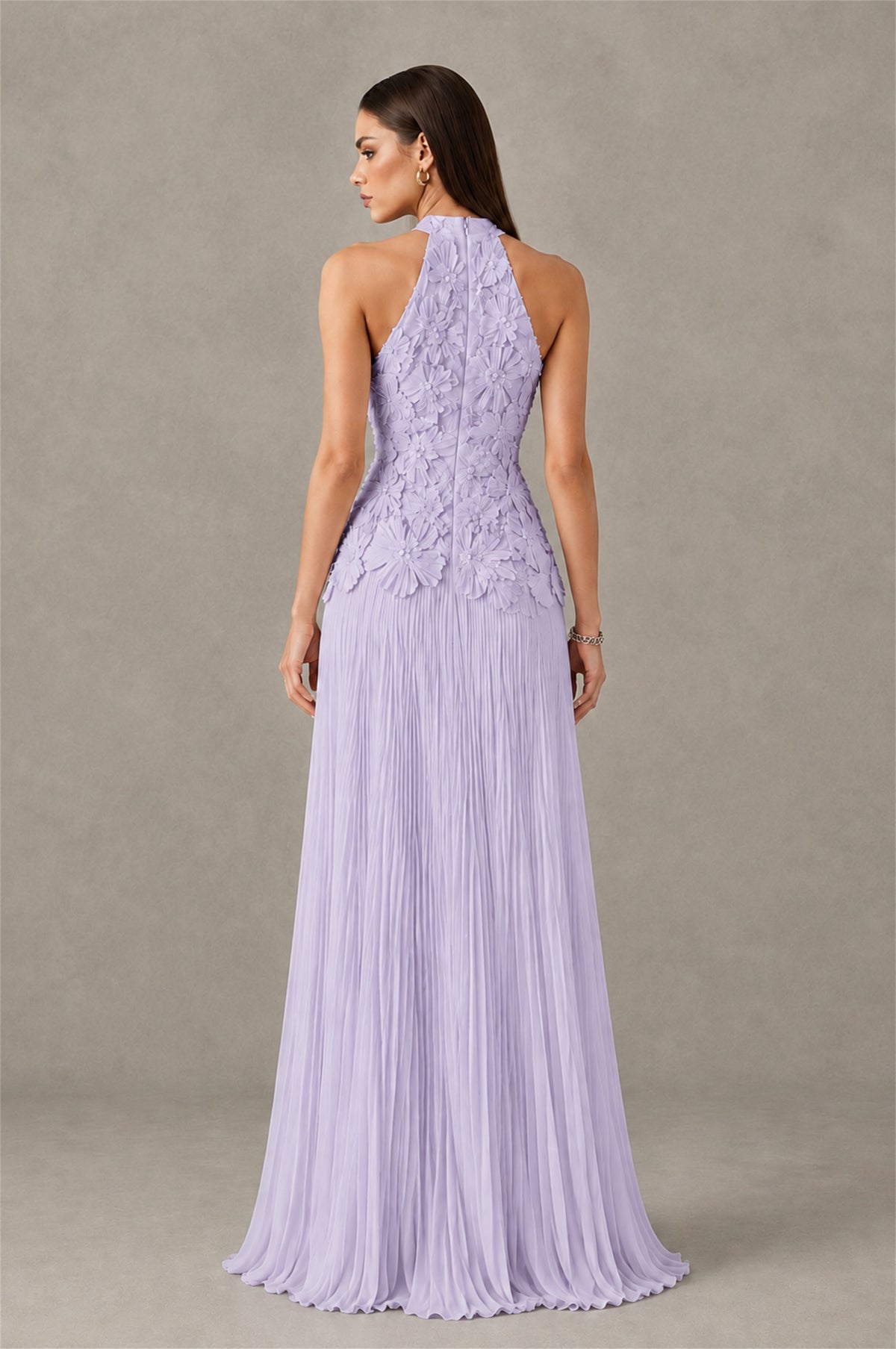 BOLODOO Lilac 3D Floral Applique Halter Neck Open Back Pleated Maxi Dress - Lilac