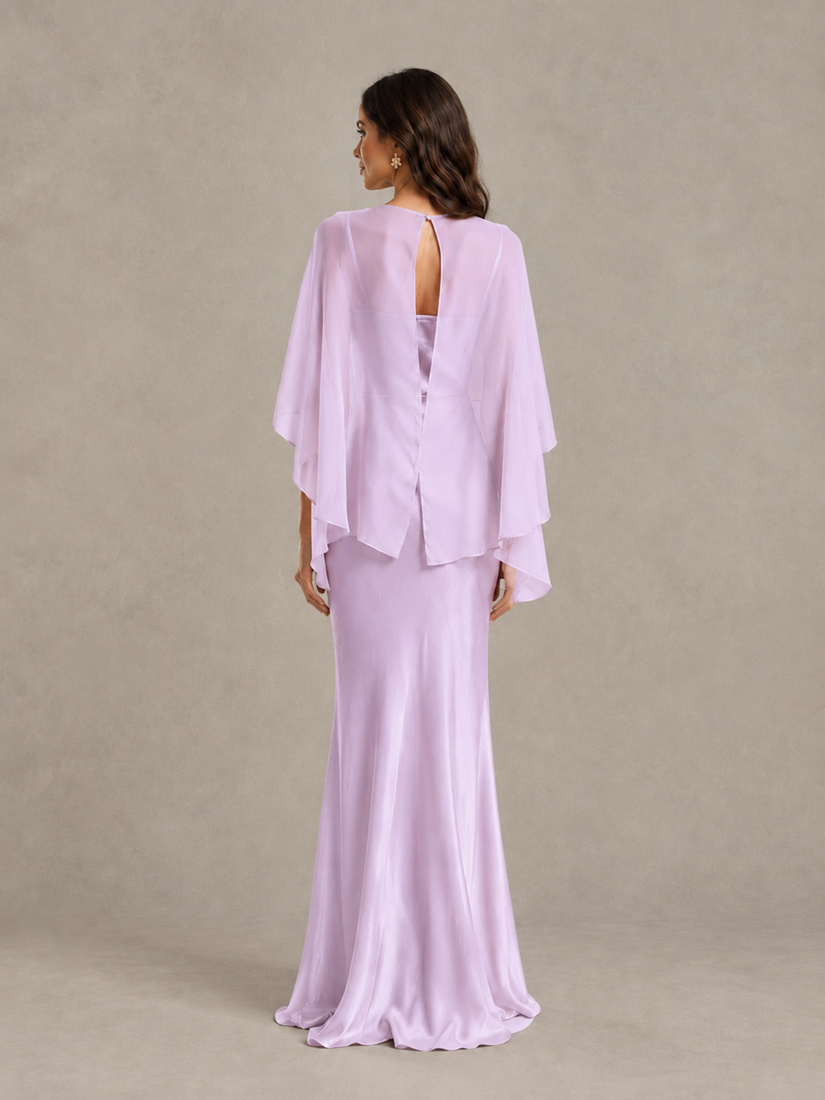 BOLODOO Lilac Satin Mermaid Bridesmaid Dress with Chiffon Cape - Lilac - Lilac (2)