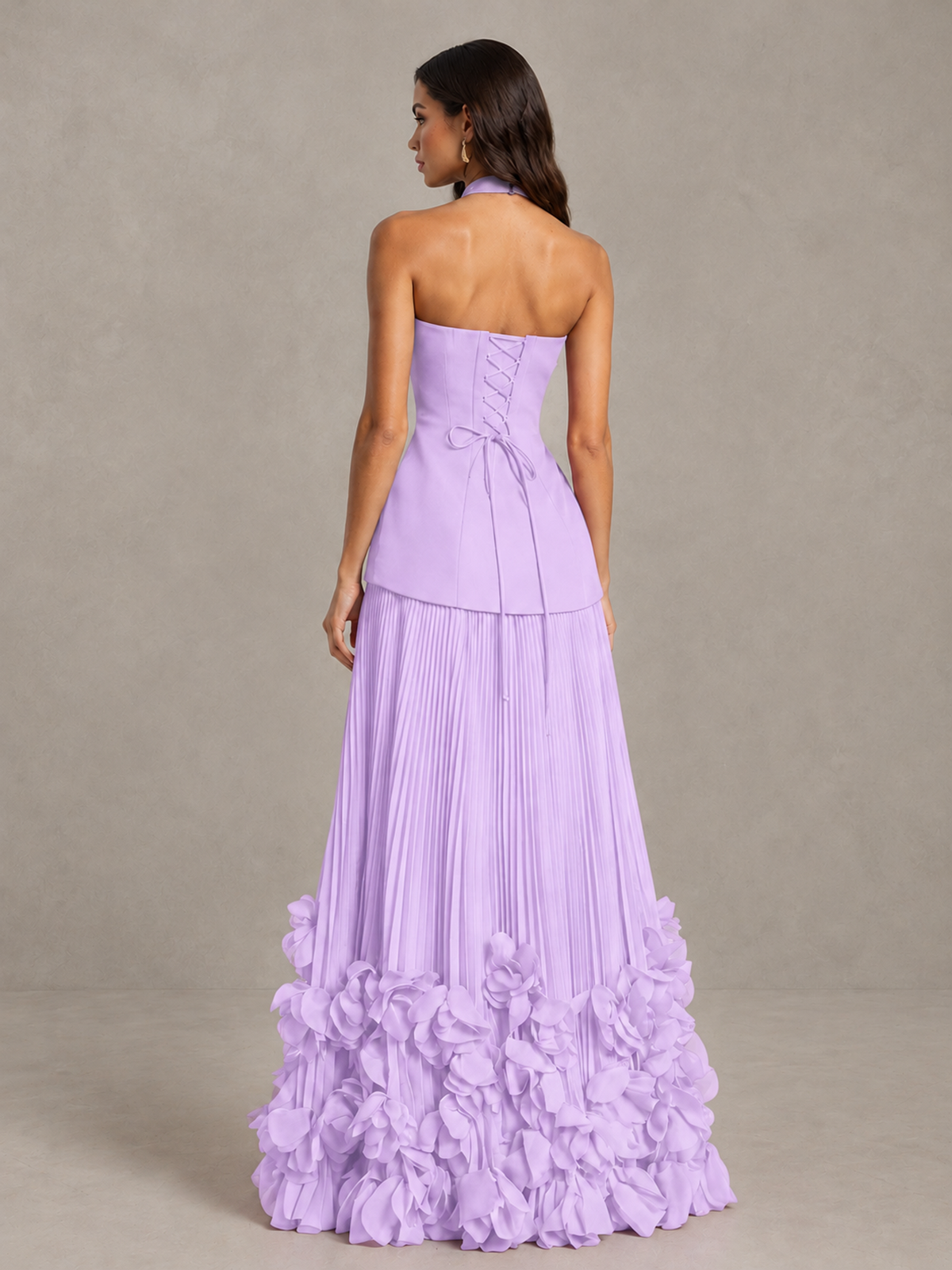 BOLODOO Lilac Halter Neck Floor-Length Evening Gown with High Slit & 3D Floral Hem - Lilac - Lilac (2)