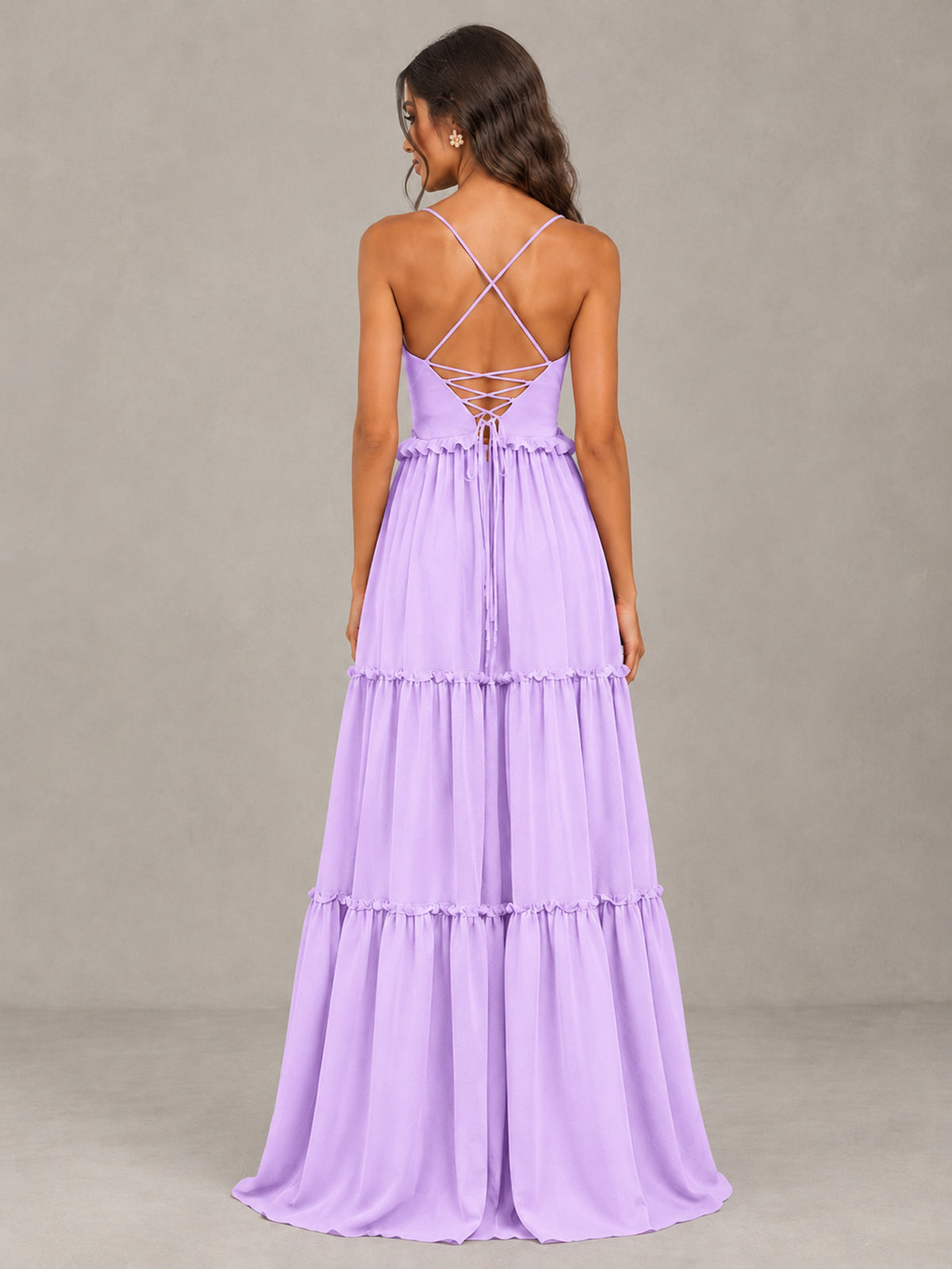 BOLODOO Lilac Tiered V-Neck Lace-Up Back Bridesmaid Dress - Lilac - Lilac (2)