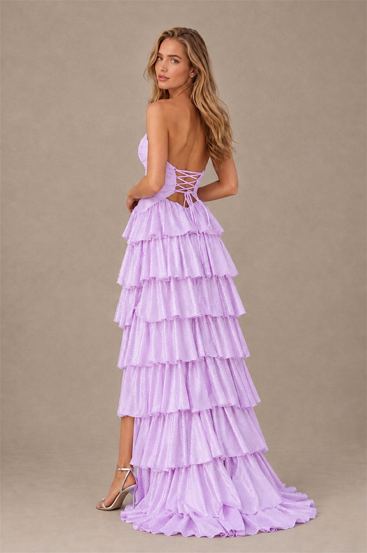 BOLODOO Lilac Strapless Cutout Tiered Ruffle Prom Dress with High Slit - Lilac - Lilac (2)