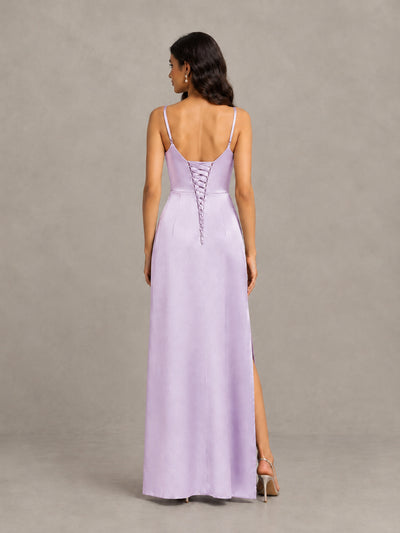 BOLODOO Lilac Cowl Neck Satin Bridesmaid Dress with Slit - Lilac - Lilac (2)