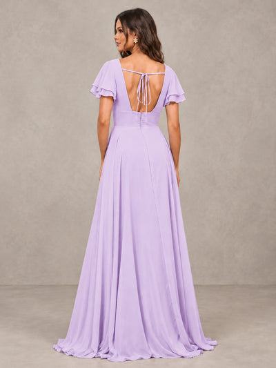 BOLODOO Lilac Flutter Sleeve Chiffon A-Line Maxi Bridesmaid Dress with Open Back & Slit - Lilac - Lilac (2)