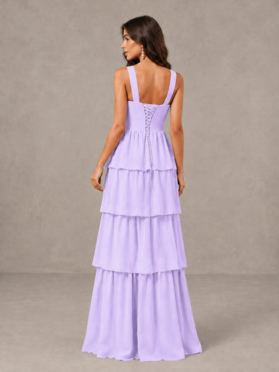 BOLODOO Lilac Square Neck Tiered Bridesmaid Dress with Slit - Lilac - Lilac (2)