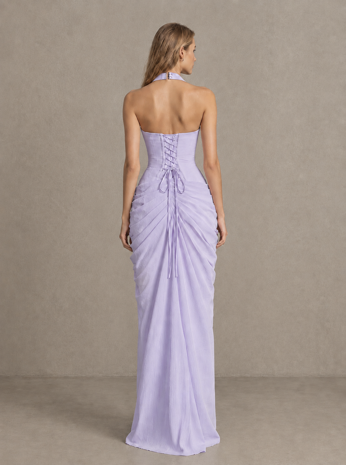 BOLODOO Lilac Halter Neck Ruched Maxi Dress with High Slit - Lilac
