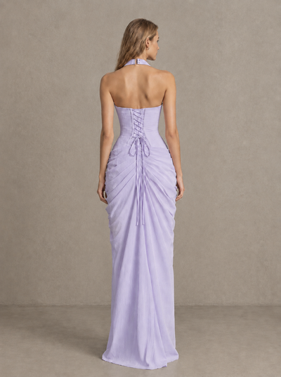 BOLODOO Lilac Halter Neck Ruched Maxi Dress with High Slit - Lilac