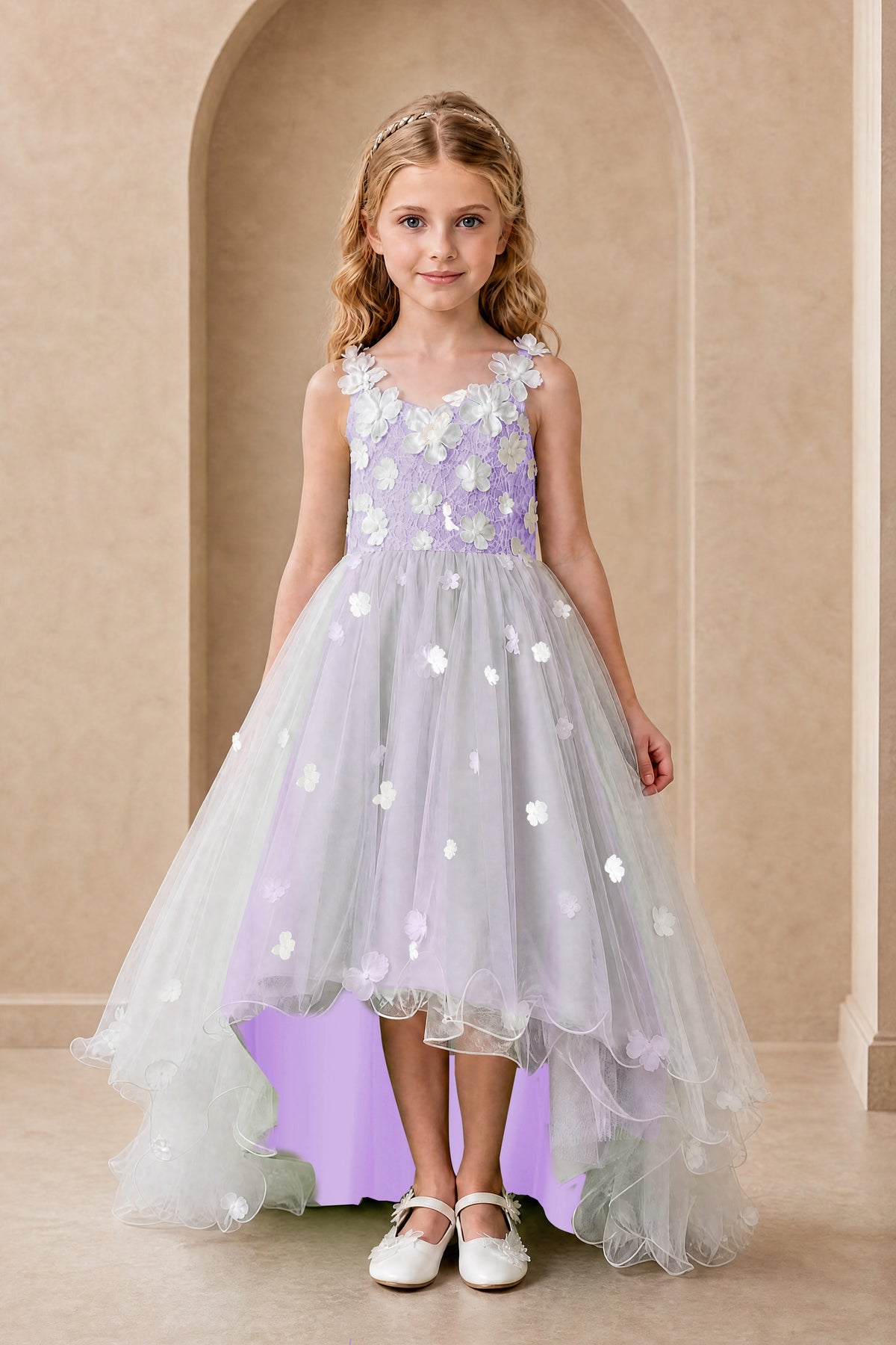 BOLODOO Lilac Flower Girl Dress with Floral Appliqué and High-Low Tulle Skirt - Lilac
