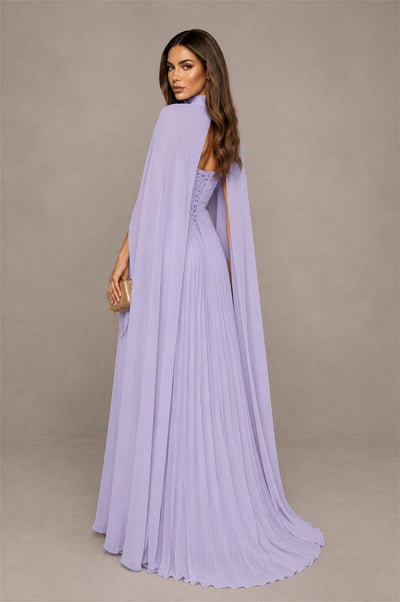 BOLODOO Lilac Strapless Crossover Ruched Bodice Detached Turtleneck Cape Lace-Up Back Pleated Chiffon Maxi Dress - Lilac