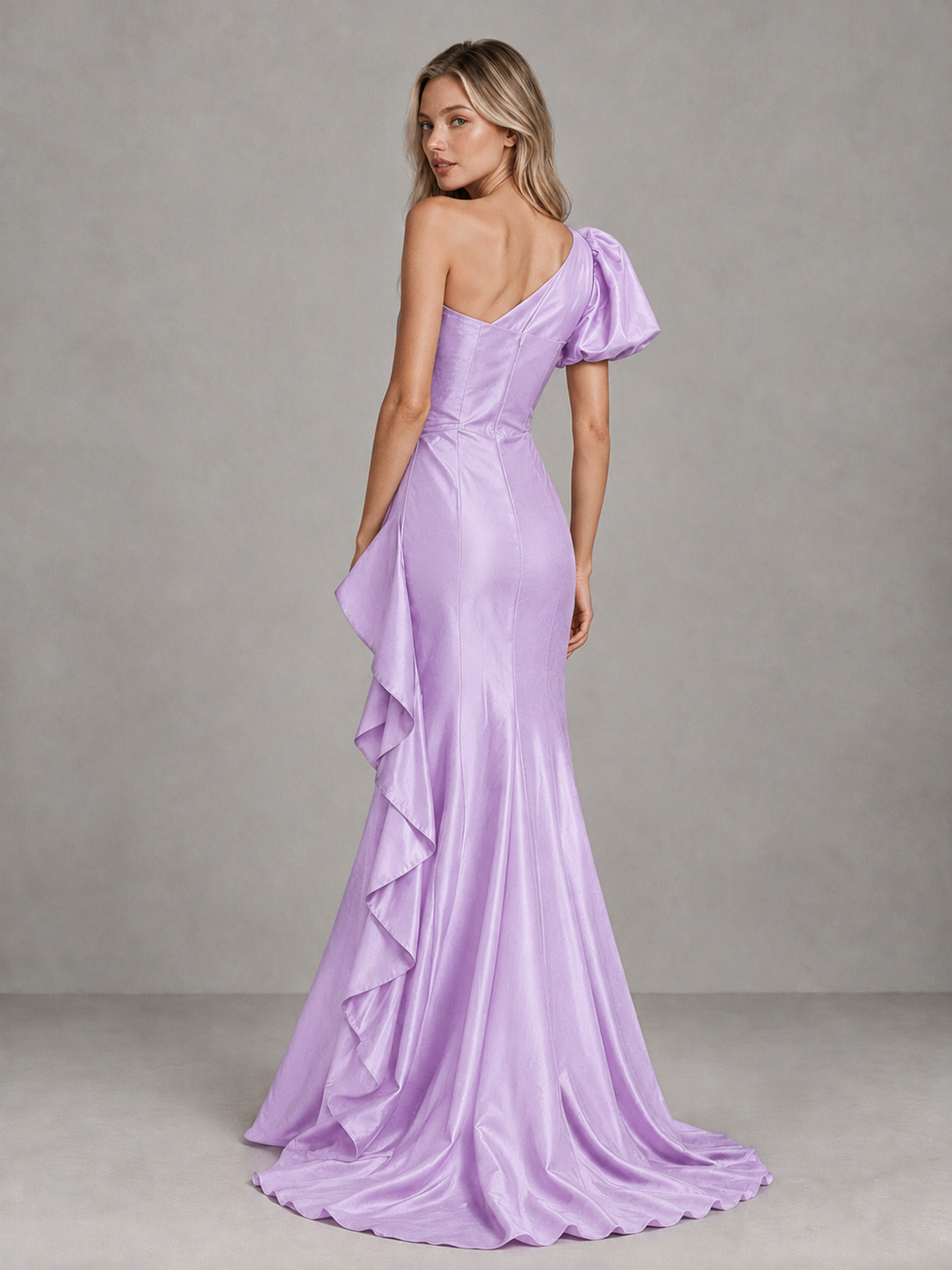 BOLODOO Lilac One-Shoulder Satin-Look Mermaid Evening Dress with Ruffles - Lilac - Lilac (2)